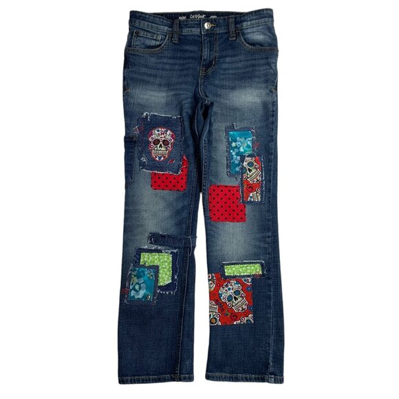 Cat Jack Stretch Jeans Day of the Dead Boho Sugar Skull Patch Red Black Girls 14 - Picture 2 of 12